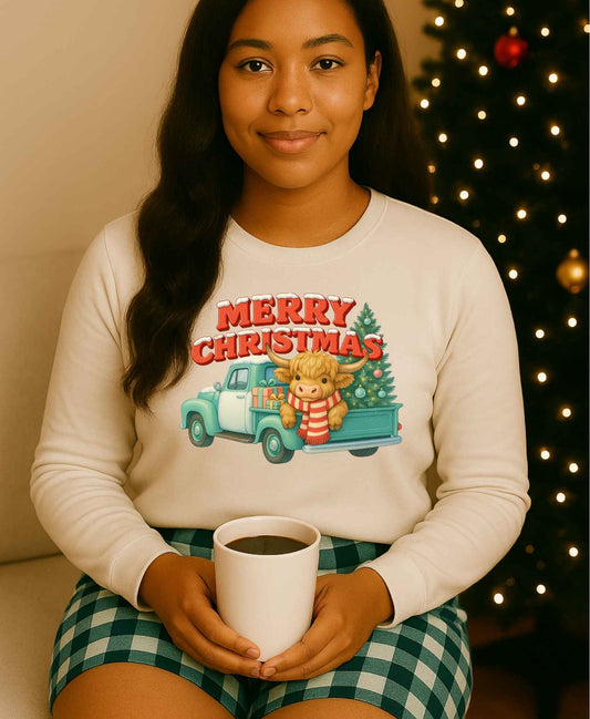 Cozy Merry Christmas Crewneck – Cute Highland Cow & Xmas Truck