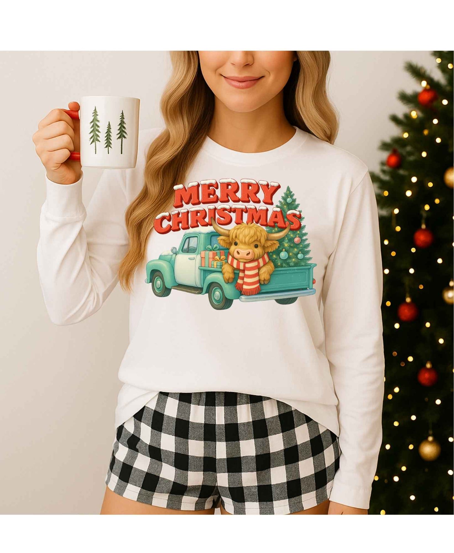 Cozy Merry Christmas Crewneck – Cute Highland Cow & Xmas Truck