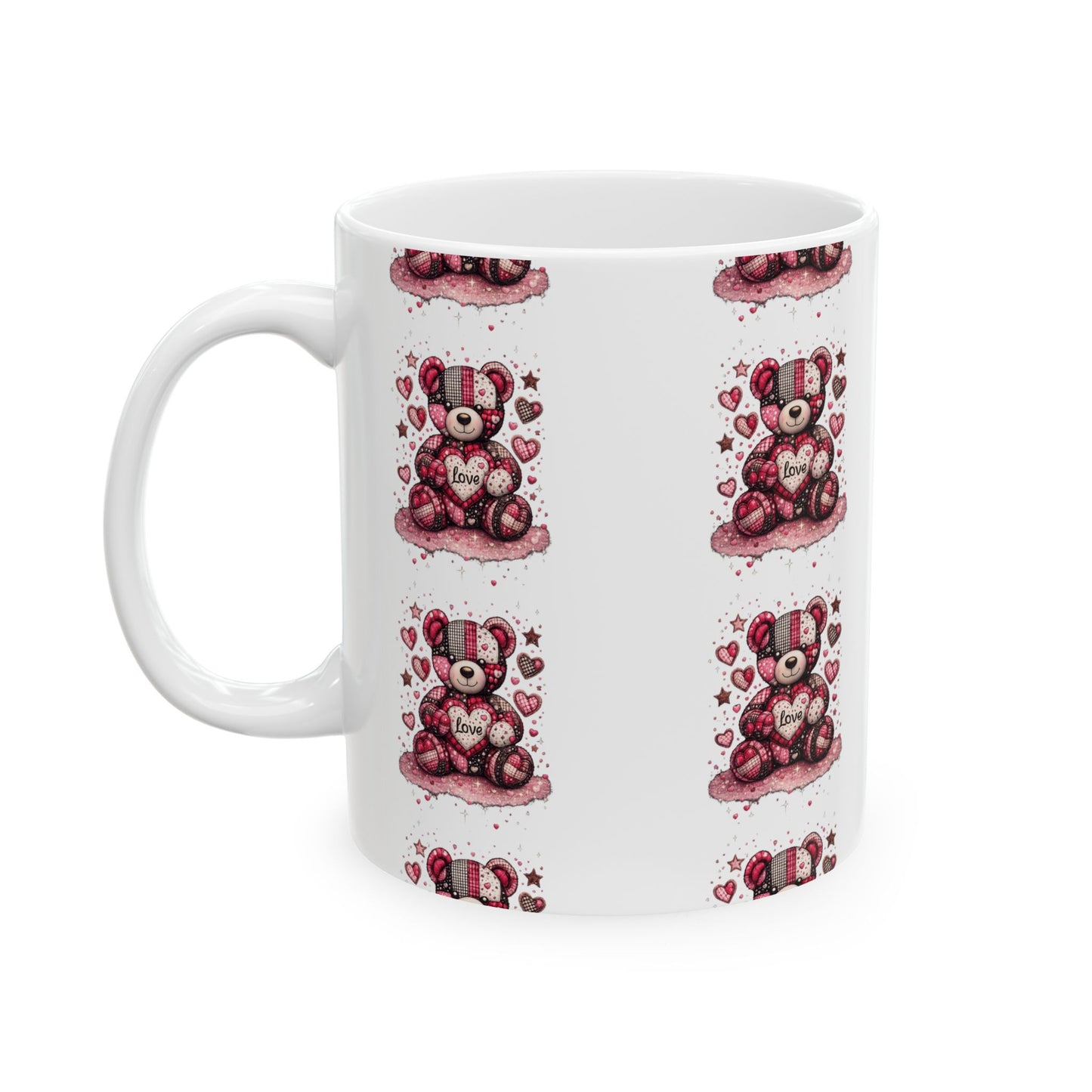White ceramic coffee mug featuring a red patchwork teddy bear pattern with hearts and stars on a white background.