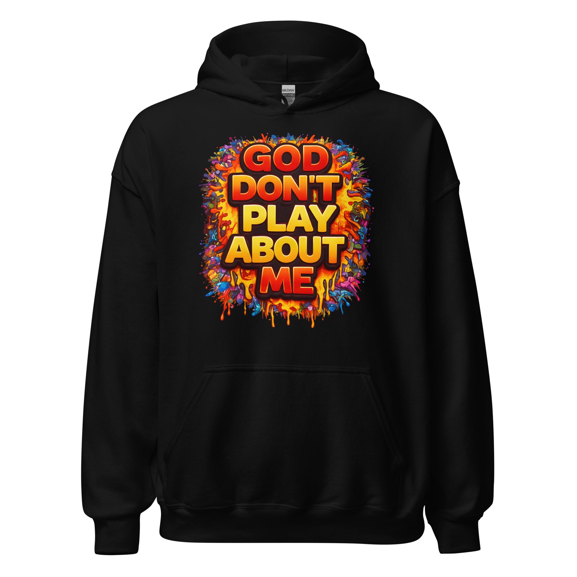 Product Mockup of Black unisex hoodie with colorful retro-style “God Don’t Play About Me” graphic design on front