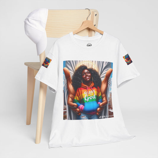 Faith-based tee featuring Glory to God message – worn by confident Black woman – C2K2 Creation
