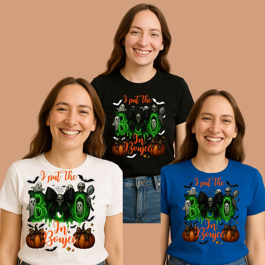 Woman in spooky glam tee – “I Put the Boo in Boujee” – Halloween shirt by C2K2 Creations