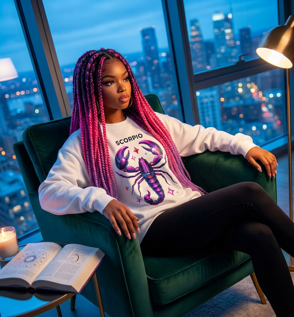 Woman with pink braids wears a white Scorpio Zodiac Shirt – Bold Astrology Graphic Tee, relaxing in an armchair by a city window.