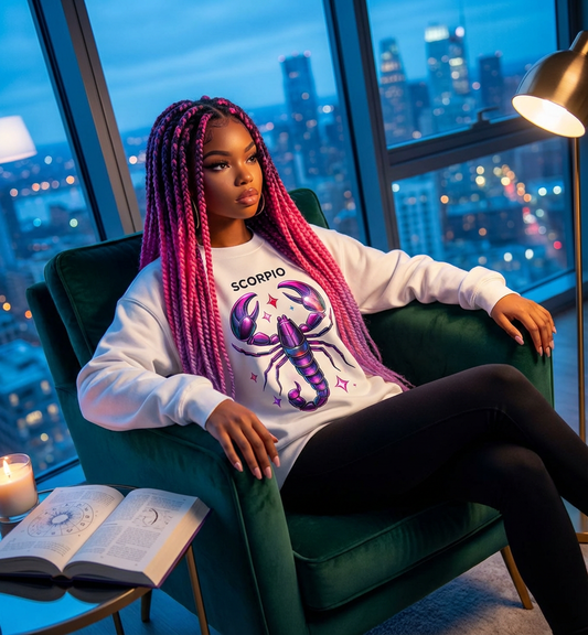 Woman with pink braids wears a white Scorpio Zodiac Shirt – Bold Astrology Graphic Tee, relaxing in an armchair by a city window.