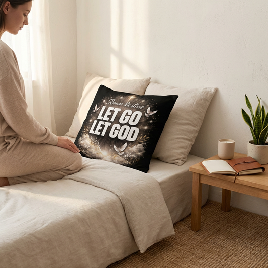 A woman sits beside a black "Let Go Let God" Premium Pillow on a neatly made bed in a sunlit, cozy bedroom setting.