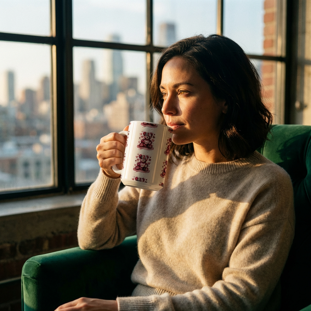 Woman in a sunlit loft holding a white ceramic teddy bear coffee mug with a city skyline view in the background.
