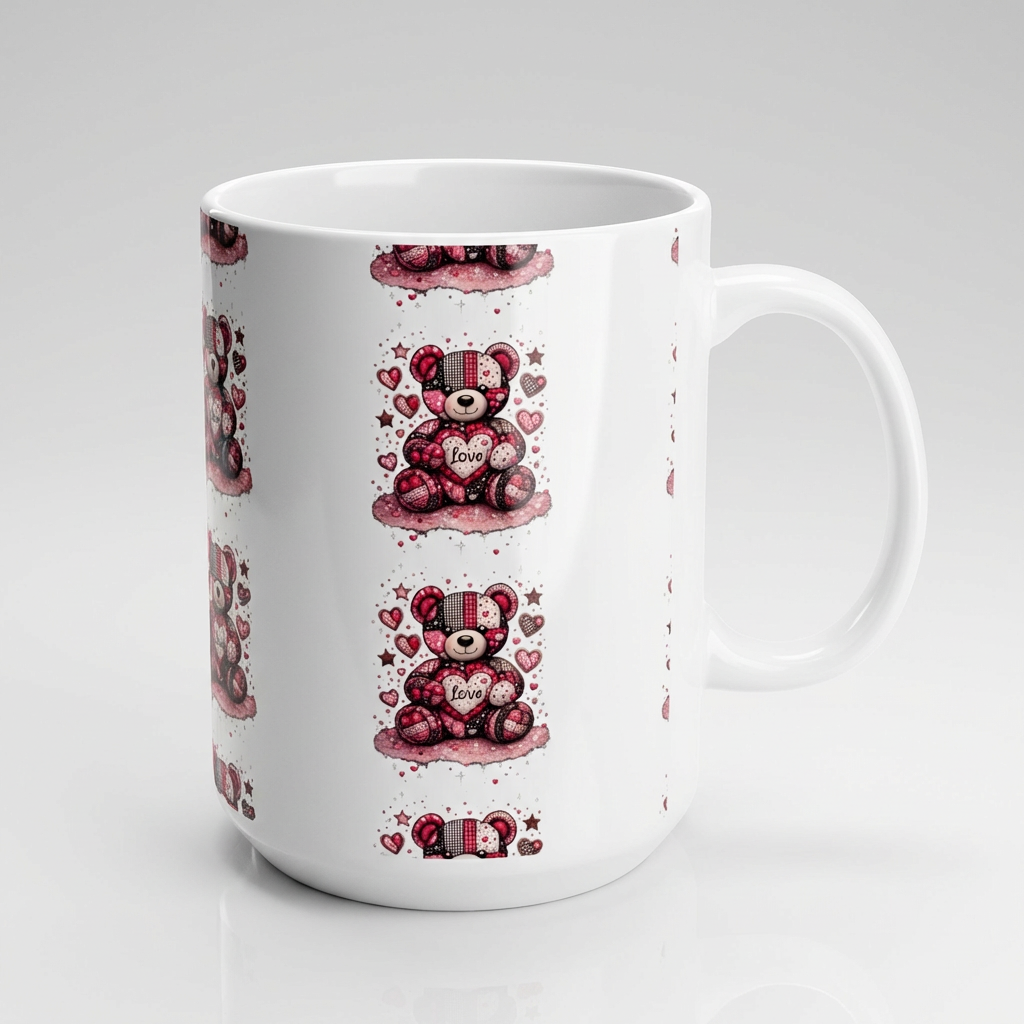 White ceramic coffee mug with a repeated pattern of a red and pink teddy bear holding a Love heart on a white background.