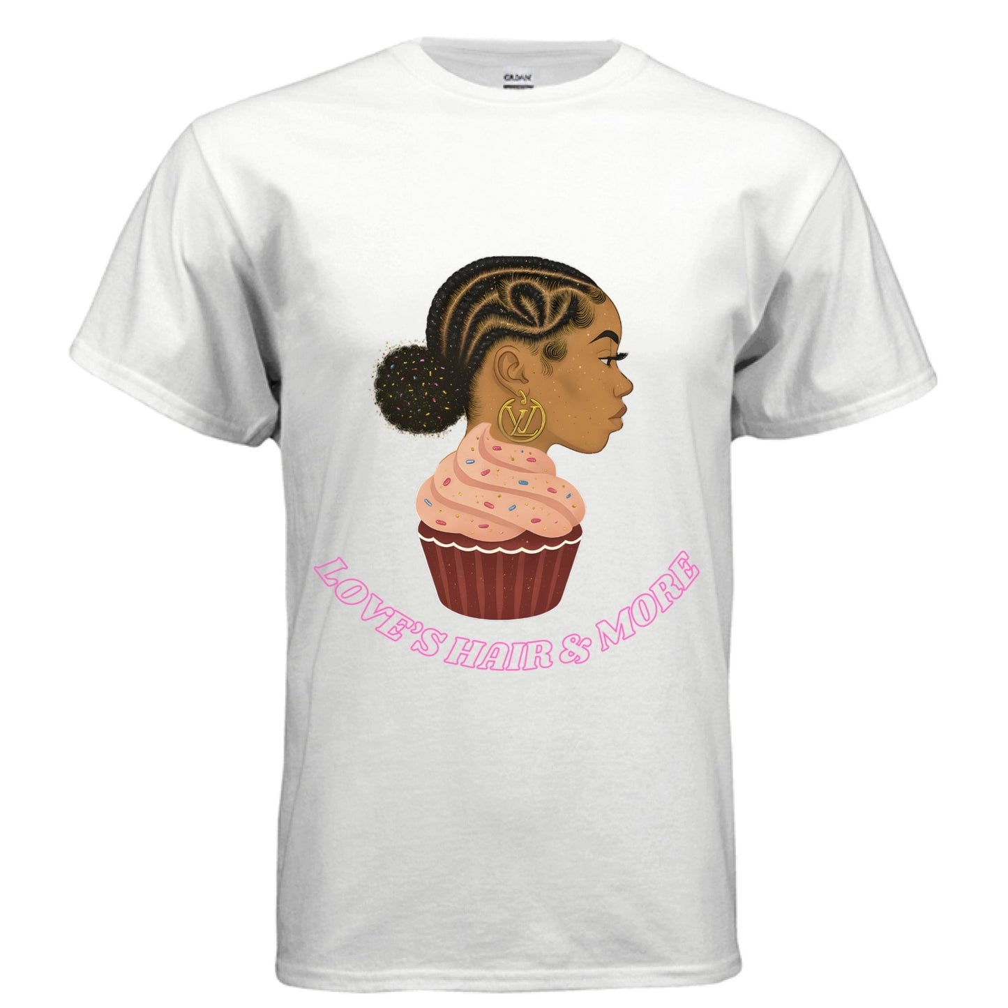 Black woman wearing the “Love’s Family” shirt with natural hair and a bold back message that says “We Love What We Do” – C2K2 Creations