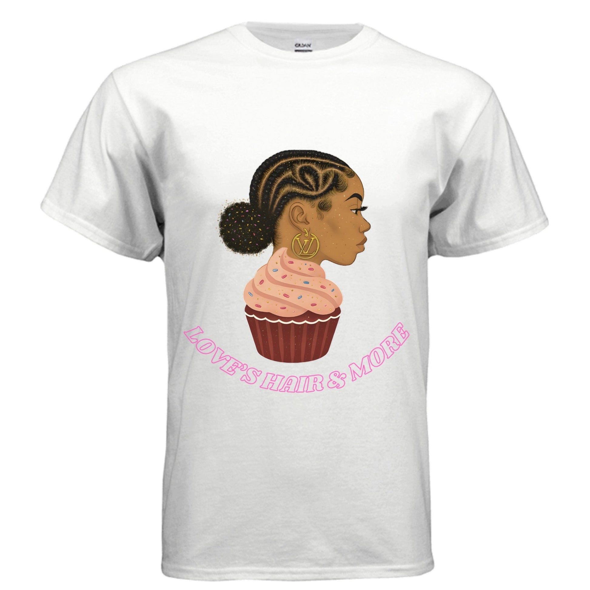 Black woman wearing the “Love’s Family” shirt with natural hair and a bold back message that says “We Love What We Do” – C2K2 Creations